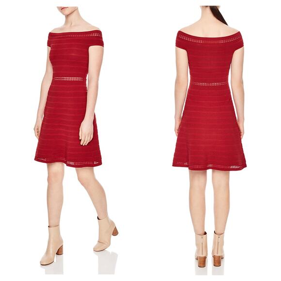 Sandro Masha Off-the-Shoulder Rib Knit Dress Size 8 Red Stretch Knee Length - Picture 13 of 13